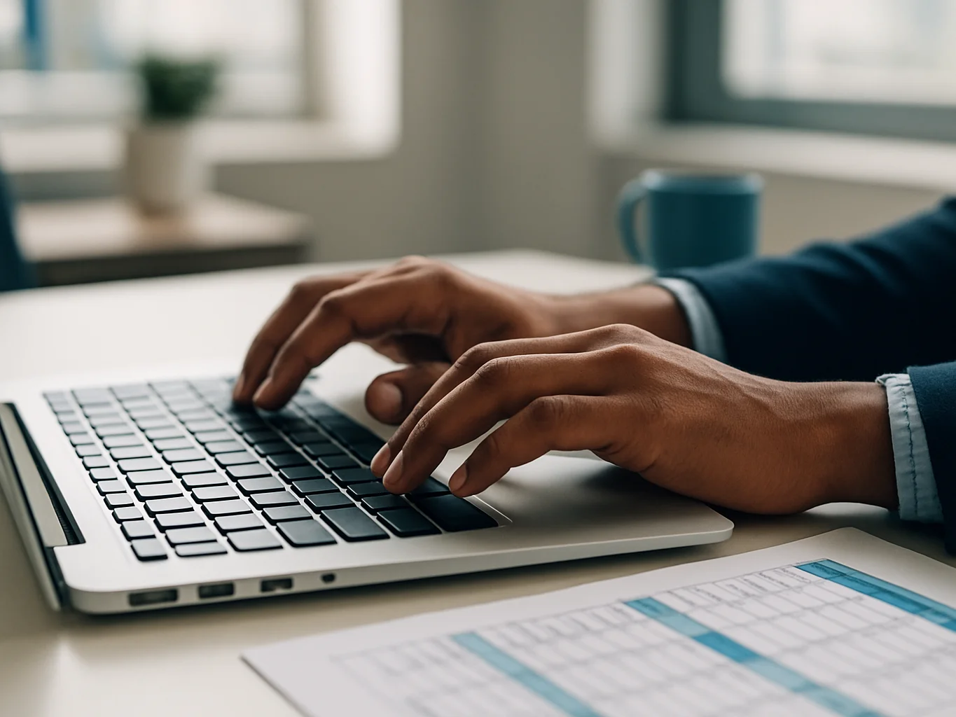 Close candid detail of hands typing on a laptop beside a printed