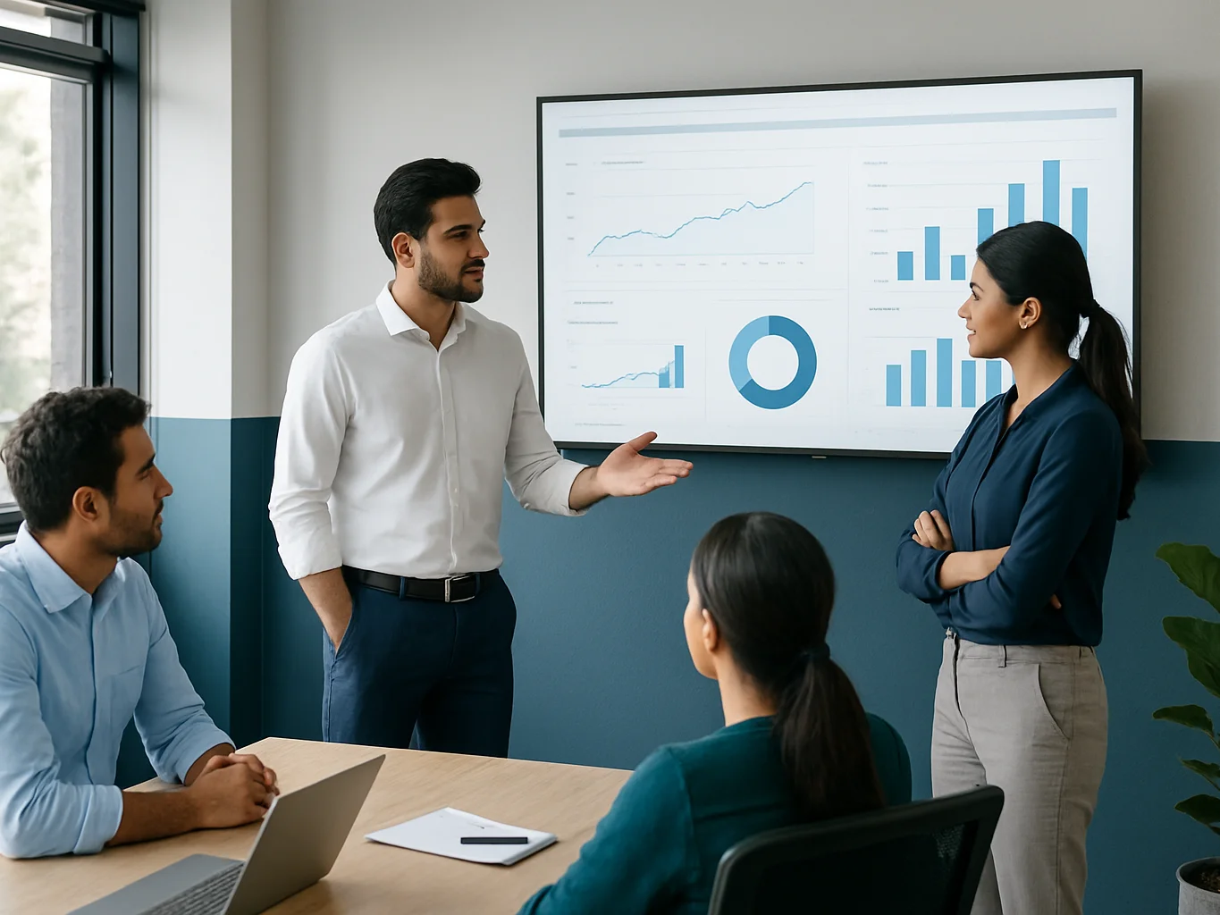 Wide environmental view of colleagues discussing a dashboard on a