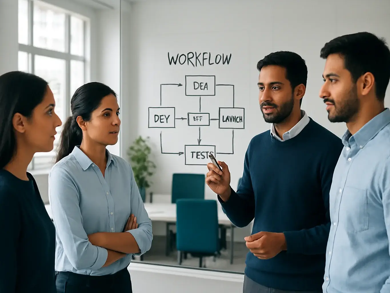 Business team in a bright Indian office discussing a workflow dia