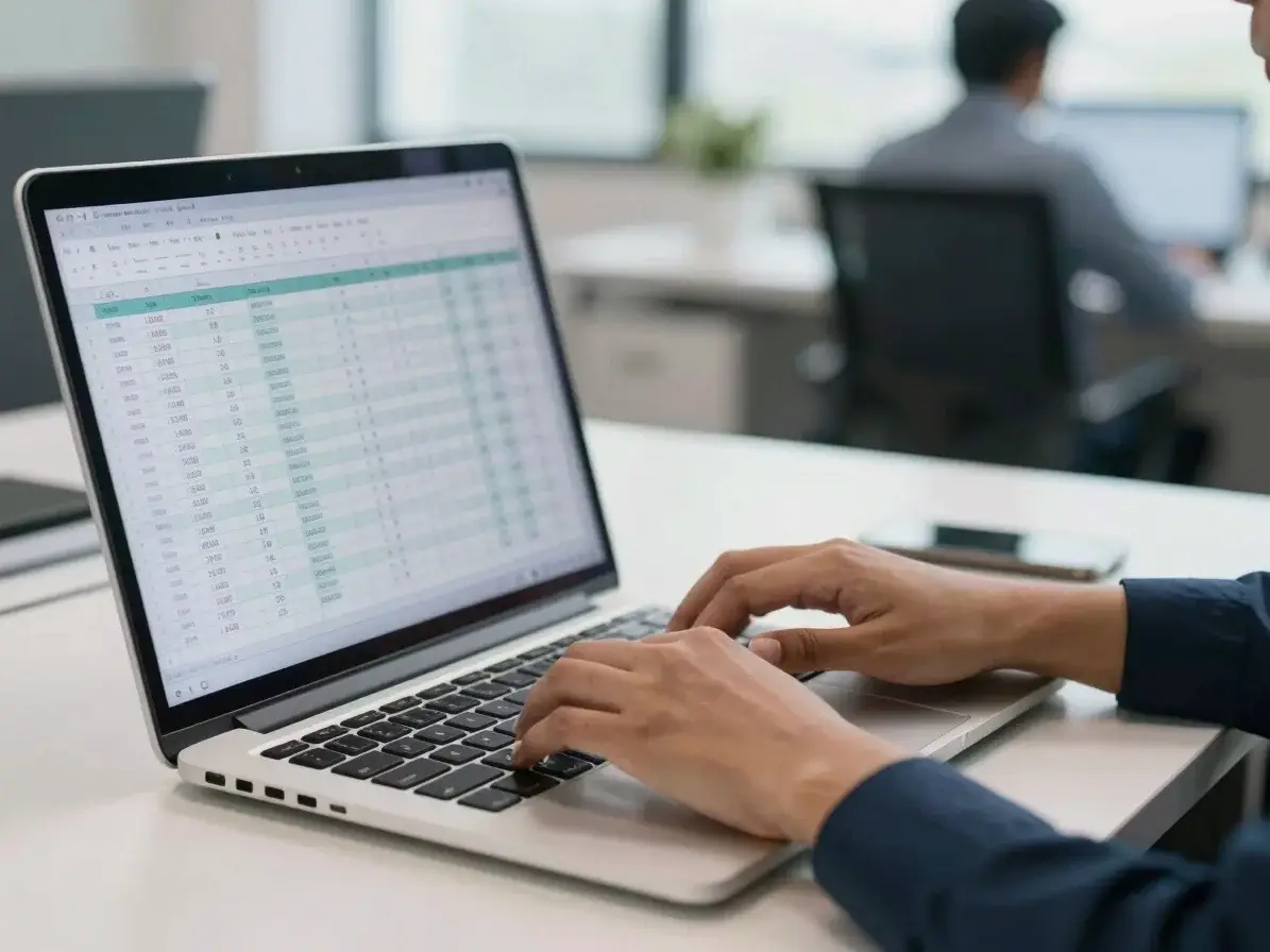 Close-up of hands typing on a laptop keyboard beside a spreadsheet with formulas visible on screen, soft natural office