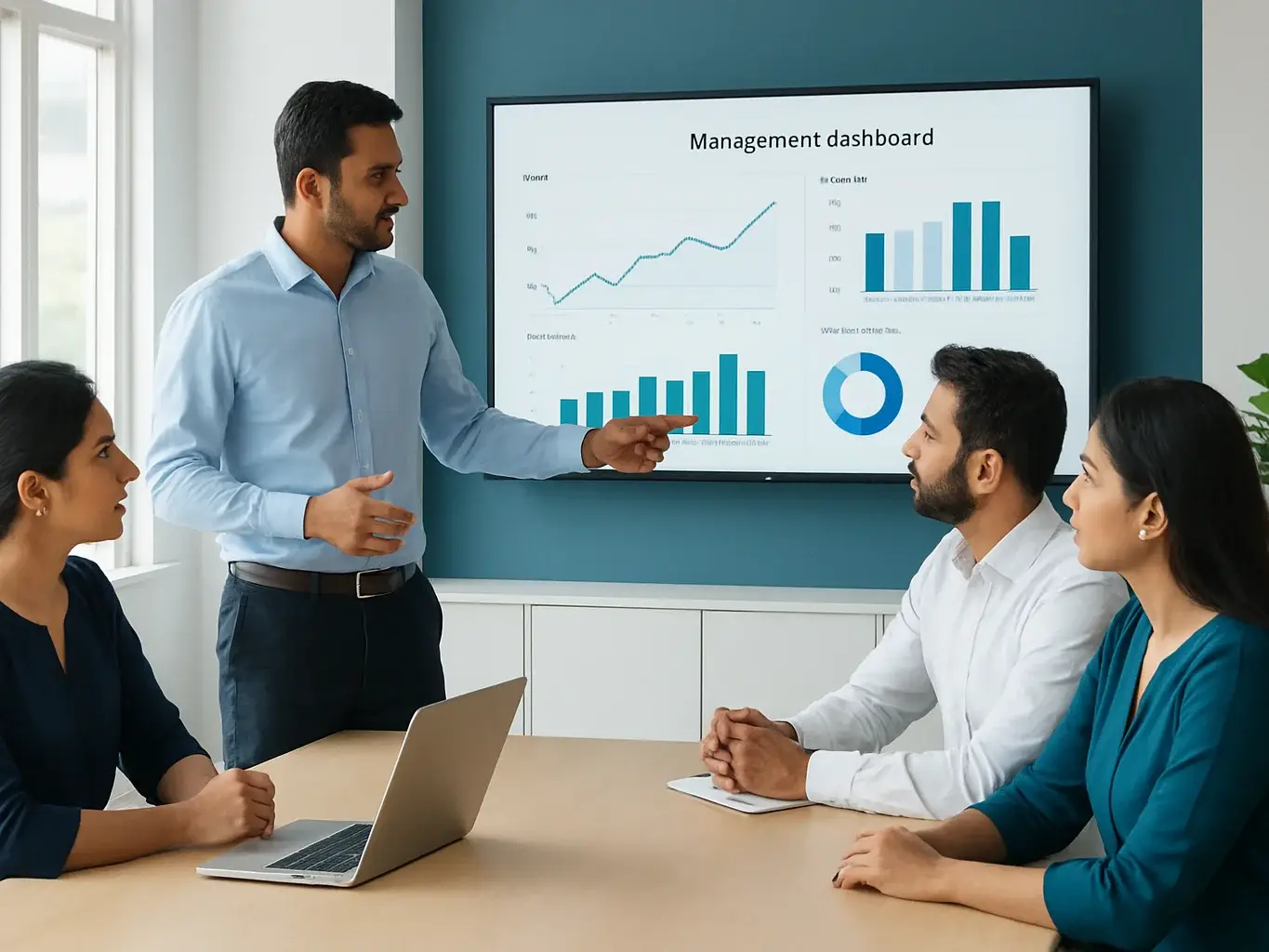 Colleagues reviewing a management dashboard with charts on a large monitor in a bright Indian corporate office, soft nat