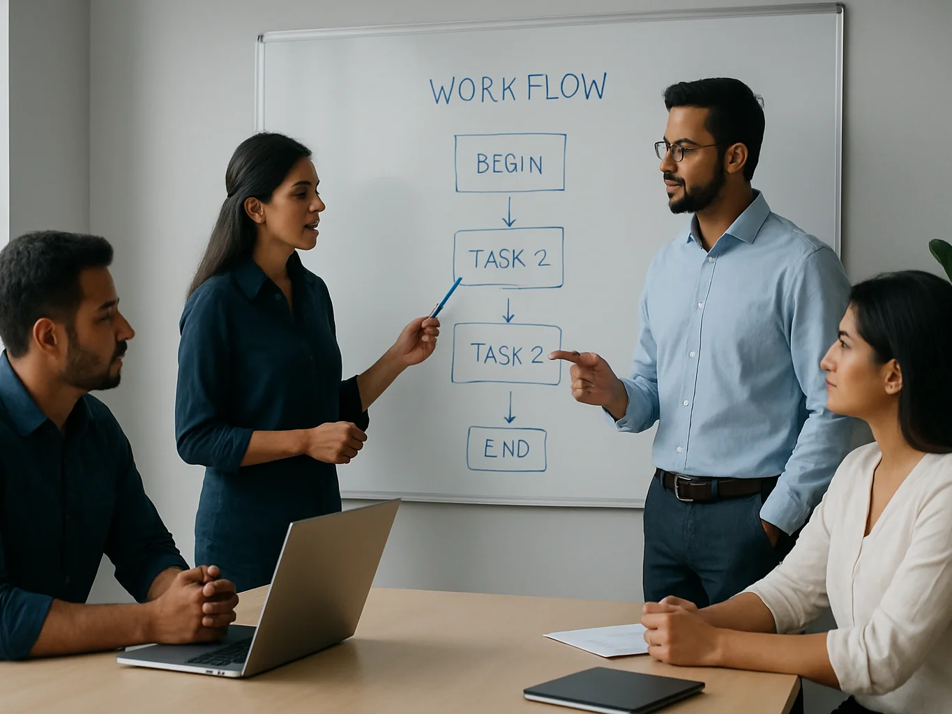 Business team discussing a workflow on a whiteboard with a laptop open, soft daylight, natural Indian workplace, candid